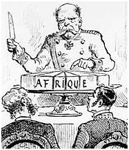 Eine anti-kolonialistische Karikatur der Kongokonferenz – Bismarck teilt Afrika auf. Anders als in dieser Karikatur dargestellt, war die wesentliche Errungenschaft dieser Konferenz jedoch, Spannungen zwischen den europäischen Staaten zu vermeiden, die aus kolonialen Streitigkeiten herrühren könnten.